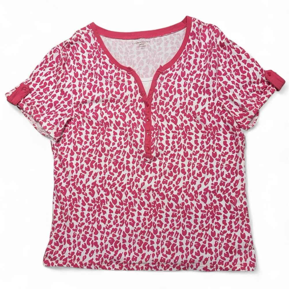 Laura Scott Top Women's PL Pink Leopard Print Henley Roll Tab Short Sleeve Soft